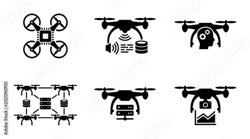 Drone Technology Icons Set: AI, Data, Surveillance, Network, Analytics, Vector Graphics for Tech Concepts