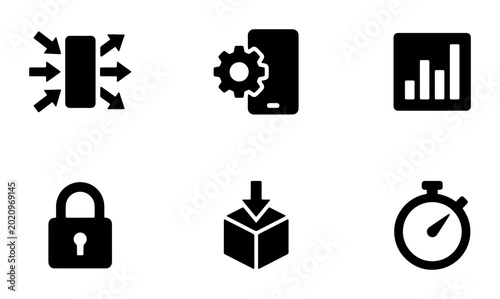 Modern Business Icon Set: Data Analytics, Security, Download, Settings, Speed, and Integration Icons for Digital Platforms