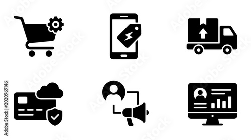 E-commerce Icons Set: Shopping Cart, Mobile Tag, Delivery Truck, Secure Payment, Marketing Megaphone, Analytics Dashboard