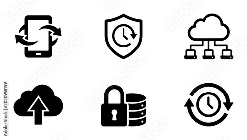 Cloud Computing and Data Security Icons: Network, Upload, Time Management, Mobile Sync, Protection, Database Storage, Vector Set