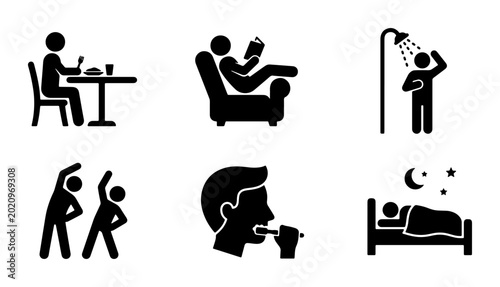 Daily Routine Icons: Eating, Reading, Showering, Exercising, Brushing Teeth, Sleeping, Vector Set for Lifestyle and Health