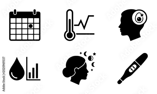 Fertility and Ovulation Tracking Icons Set, Menstrual Cycle Health Monitoring, Pregnancy Test and Thermometer Graphics, Medical Data Visualization