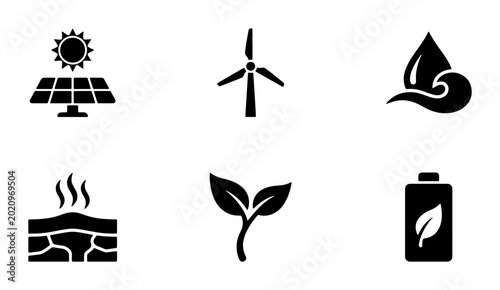 Eco-friendly energy icons set: solar panel, wind turbine, water drop, geothermal, plant sprout, battery. Sustainable power symbols for green technology and renewable resources.