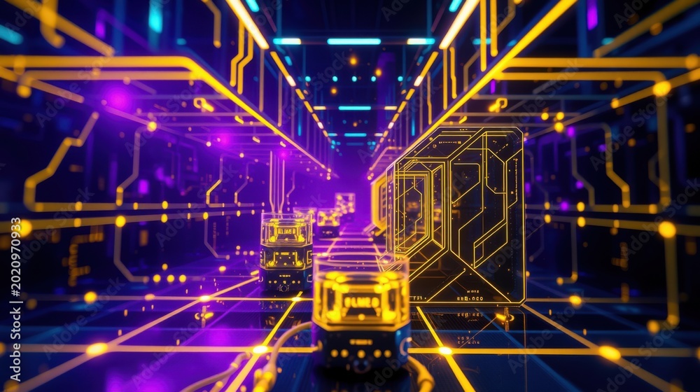 Fototapeta premium Neon tunnel, glowing lines, digital space. Futuristic perspective creates immersive experience. Bright colors dominate scene.