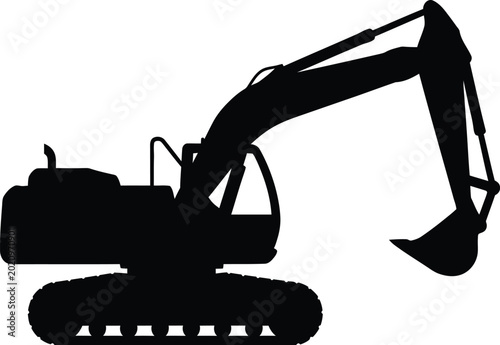 Black silhouette of an excavator on a white background