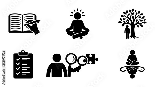 Foto Mindfulness Icons Set, Meditation Symbols, Personal Growth Concepts, Knowledge &