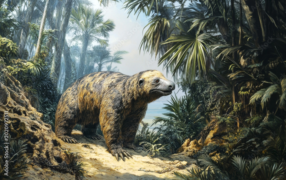 Fototapeta premium A powerful eremotherium, an enormous extinct ground sloth, moves cautiously through a dense, verdant jungle teeming with lush, vibrant foliage