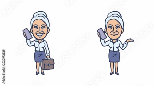 Old business woman holding smartphone and briefcase. Transparent background