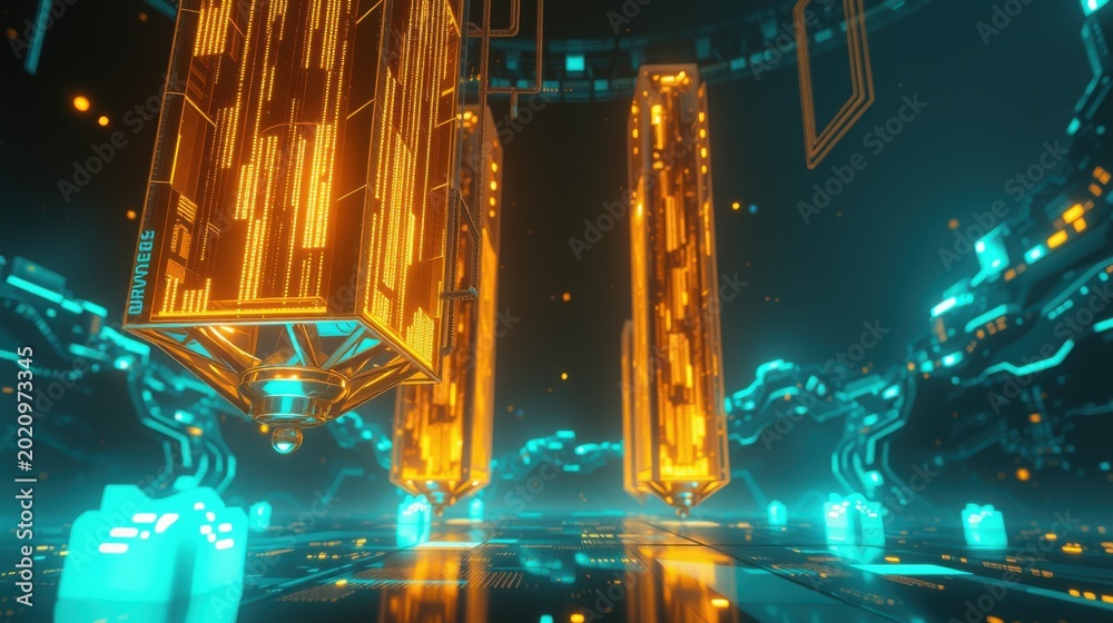 Fototapeta premium Futuristic digital tunnel. Glowing orange structures dominate dark space. Teal lines create complex network, suggesting data flow. Dramatic perspective.