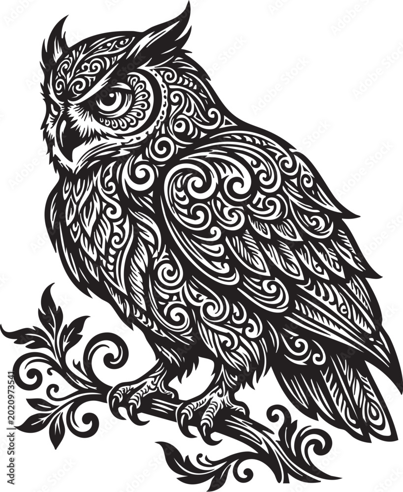 Fototapeta premium Owl sitting on branch, Generative Ai