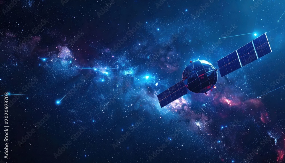 Naklejka premium Satellite Orbiting Through Vibrant Nebula in Deep Space.