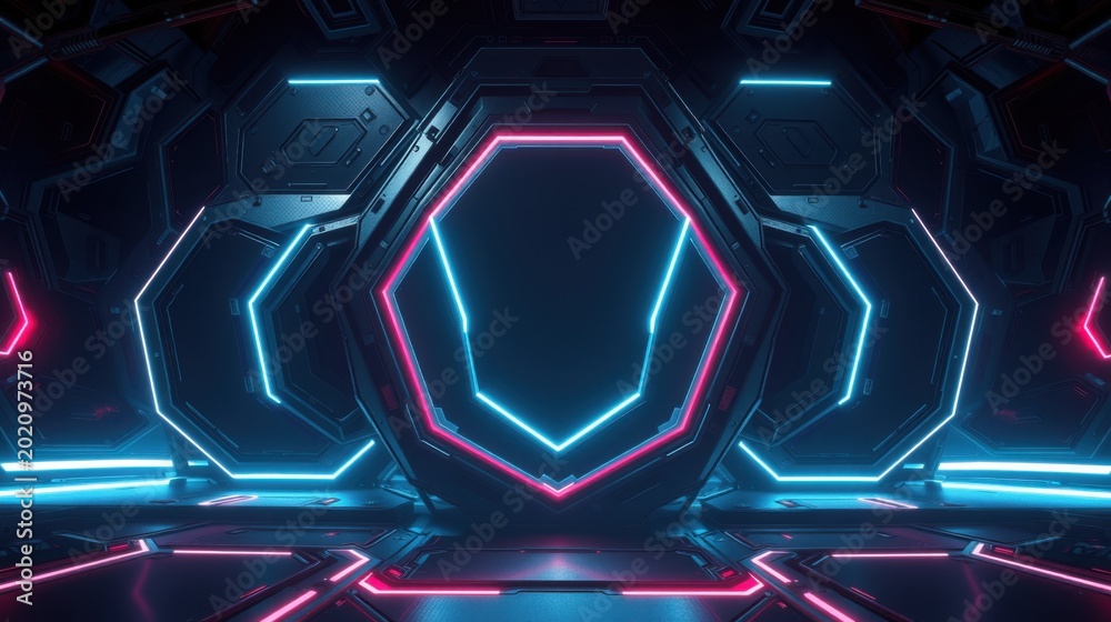 Fototapeta premium Futuristic corridor. Neon lights illuminate dark metallic walls, creating symmetrical perspective. Minimalist design suggests scifi setting.