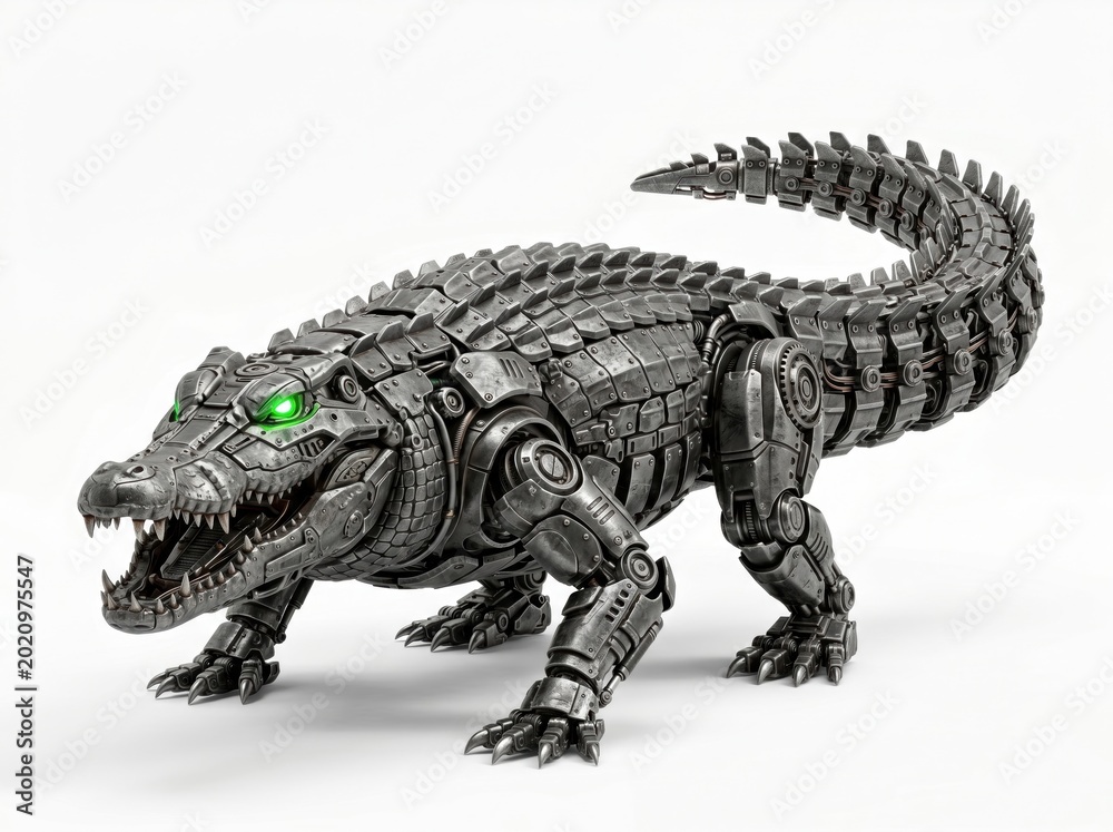 Fototapeta premium Mechanical crocodile toy with glowing green eye in attack pose isolated on white background