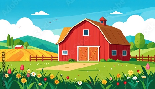 Vibrant Red Barn in a Lush Green Countryside Landscape.