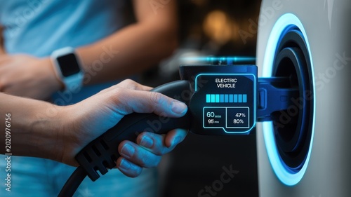 Electric vehicle charging, EV charger, sustainable energy, close-up