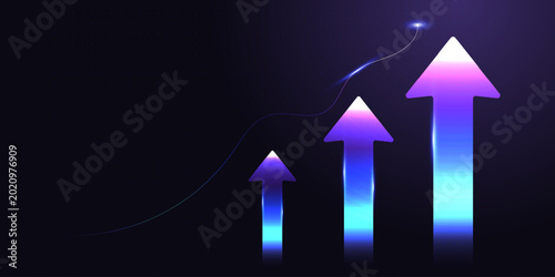 Quadro su tela A Shimmering neon effects highlight the increasing momentum of a modern Business strategy through soaring upward paths