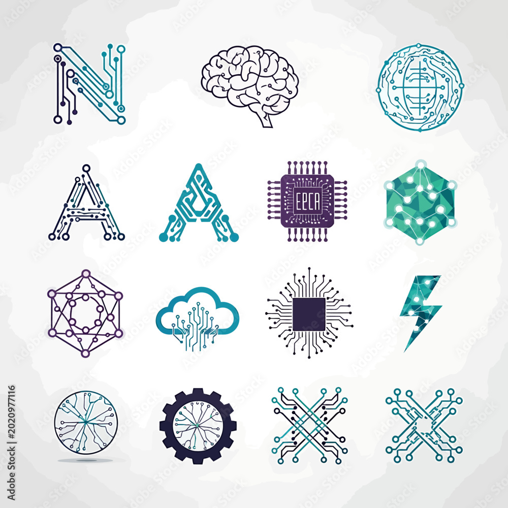 Fototapeta premium Set of modern digital technology icons and circuit board style design elements.