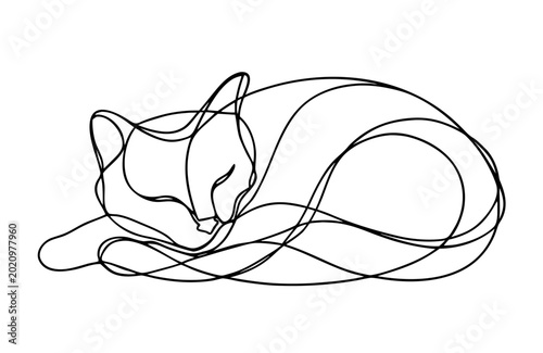 Sleeping cat drawn in one line art style. Minimalist illustration of a resting kitten. Continuous ink stroke drawing for modern home decor, tattoo design and creative print concept.