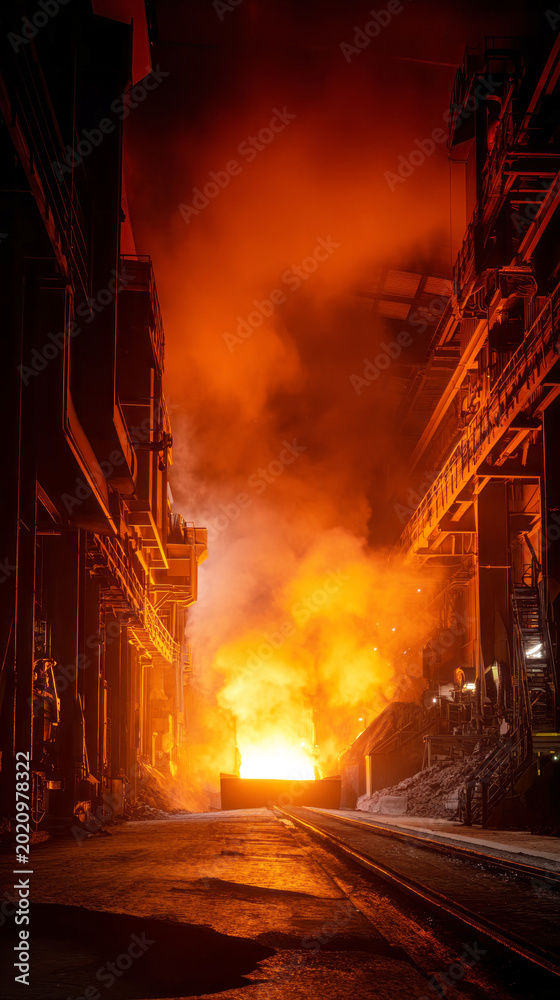 Fototapeta premium Molten steel is pouring from a blast furnace into a channel for casting. The scene shows the interior of a steel mill at night. Bright orange and yellow glow fills the area