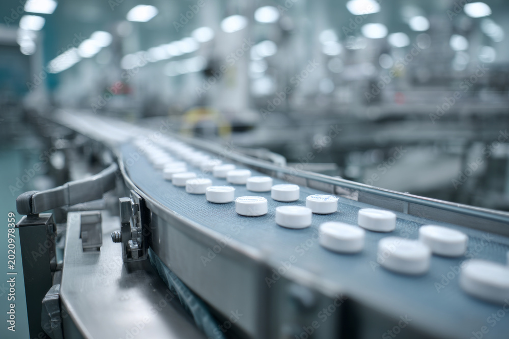 Obraz premium Rows of white pharmaceutical blister packs move steadily along a blue conveyor belt