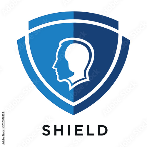 Tableau sur toile Blue shield icon with white human head silhouette  security symbol icon