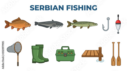 Slika na platnu Serbian Fishing Equipment and Fish Collection Vector Illustration