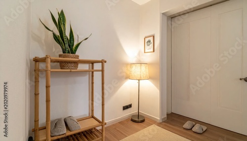 Cozy Home Entrance with Bamboo Shelf and Floor Lamp.