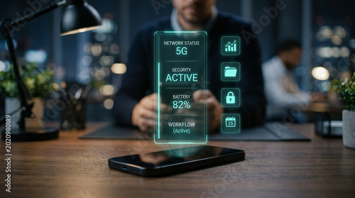 5G cybersecurity smartphone hologram network technology security battery workflow interface, smartphone desk showing hologram interface with 5G network status, cybersecurity active, battery level