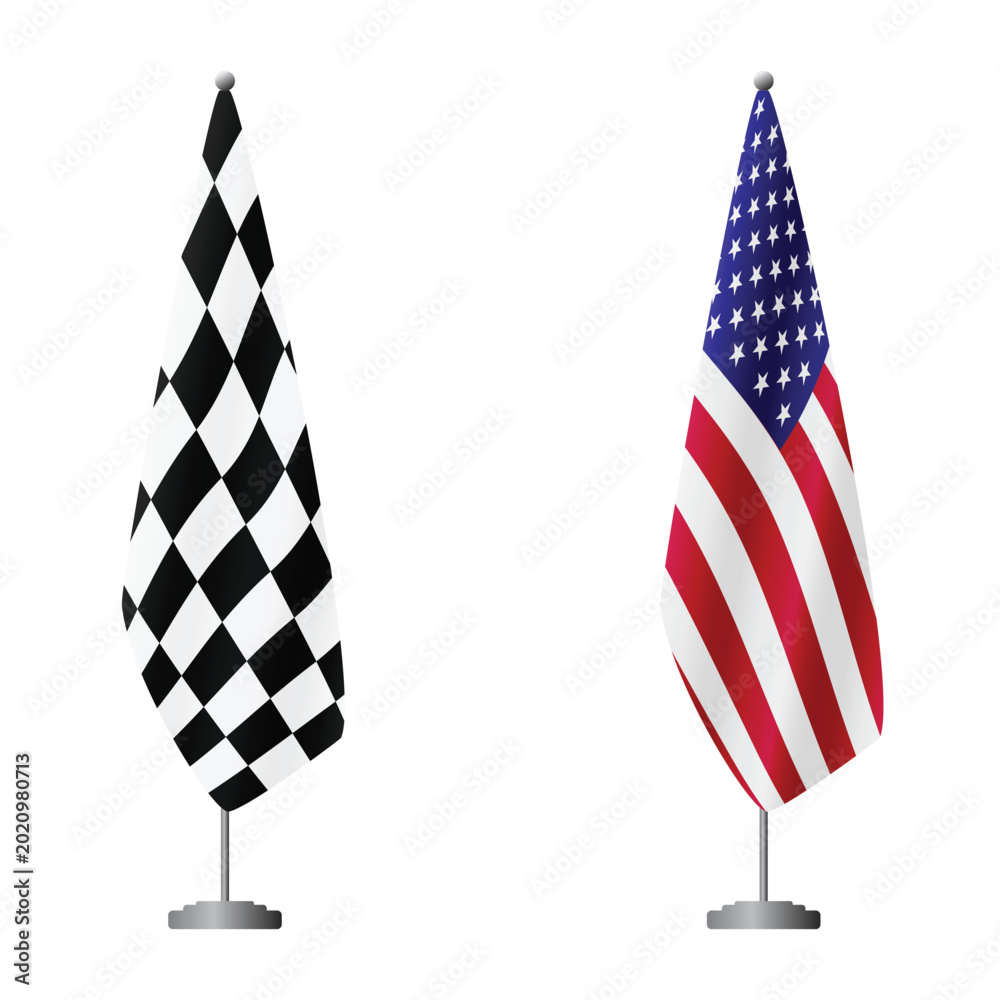 Fototapeta premium Checkered and United States flags on flagpoles for official ceremonies and meetings, transparent background vector
