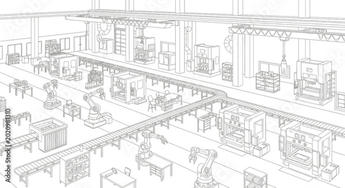 Automated factory production line with robotic arms and machinery.