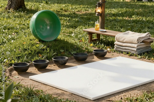 Meditation bowls arranged on canvas in grassy backyard setting
