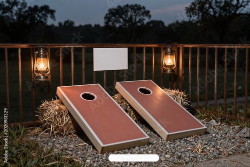 Cornhole boards positioned by lanterns on gravel at dusk backdrop