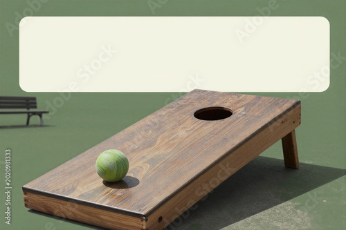 Wooden cornhole board with ball on outdoor court surface