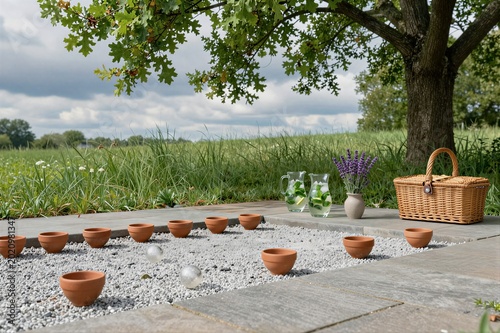 Terracotta bowls arranged on gravel terrace with picnic basket