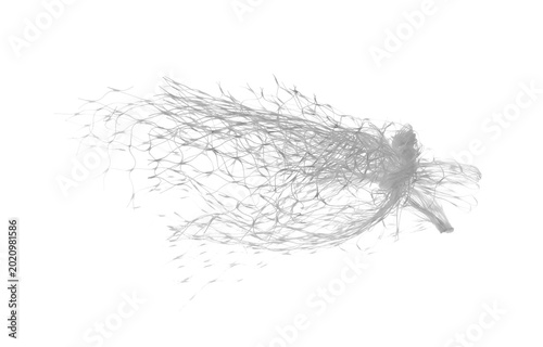 torn plastic fruit net flying, bag isolated on white background and texture, design element, transparency