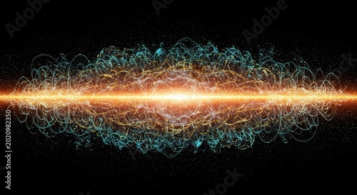 Abstract visualization of fundamental quantum field energy flows. Intricate geometry representing subatomic particle interactions and wave propagation, matrix, wave, glowing