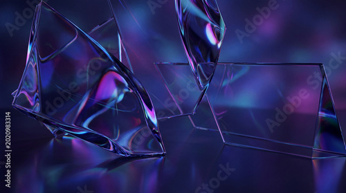 Abstract artistic composition of luminous glass shards reflecting vibrant blue and purple light in a modern setting.