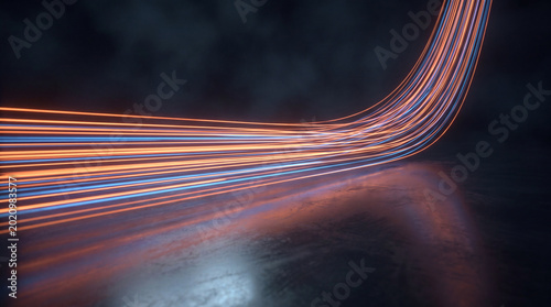 Фотография Dynamic light trails curving across a dark, reflective floor, creating a futuristic path of illuminated data flow