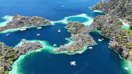 The paradise islands of Coron in the Philippines, a drone flight over the islands and the sea