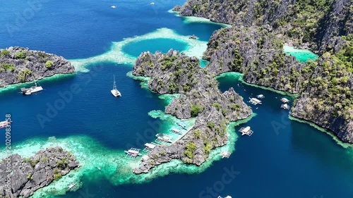 Views of the lagoons of Coron Island in the Philippines, blue loguna, drone flight