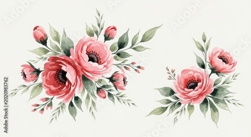 Watercolor Painting of Pink Roses and Buds with Green Leaves.