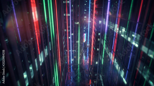 Tablou pe pânză High-angle view of a futuristic city street at night, with towering buildings illuminated by vibrant neon lights