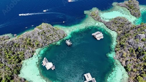 Views of the lagoons of Coron Island in the Philippines, blue loguna, drone flight