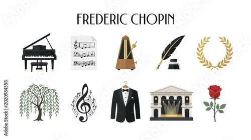 Εκτύπωση καμβά Frederic Chopin Icons Collection: Piano Music Metronome Quill Laurel Wreath Willow Tree G Clef Tuxedo Concert Hall Rose