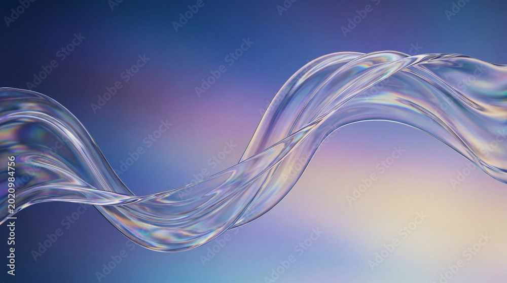 Αυτοκόλλητο Elegant abstract iridescent wavy ribbon of translucent glass or liquid flowing gracefully on a soft gradient background