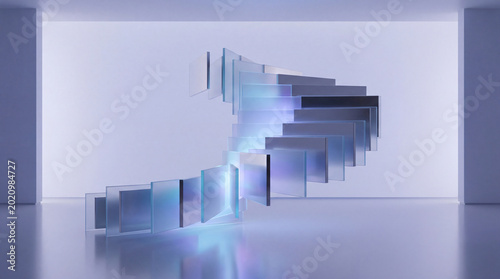 фотографія Abstract spiral staircase formed by clear, rectangular glass plates in a minimalist modern room with soft blue lighting