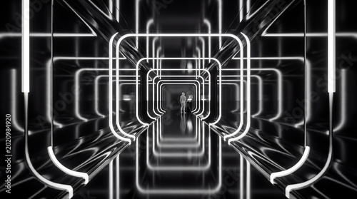 Monochromatic futuristic abstract tunnel with a solitary person and luminous white neon lights.