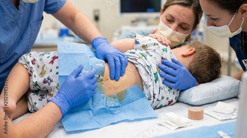 Medical team performing lumbar puncture on child in hospital