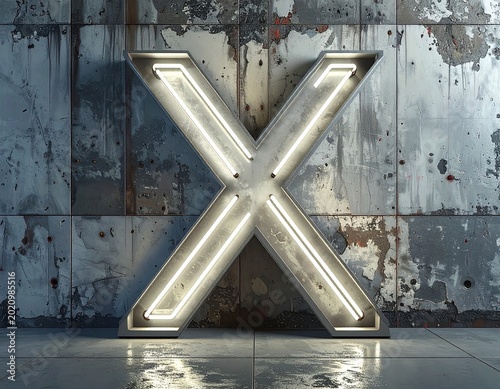 Neon letter X made from white tubes on a concrete wall