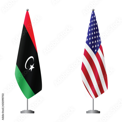 Schilderij op canvas Libya and United States flags on flagpoles for official ceremonies and meetings,